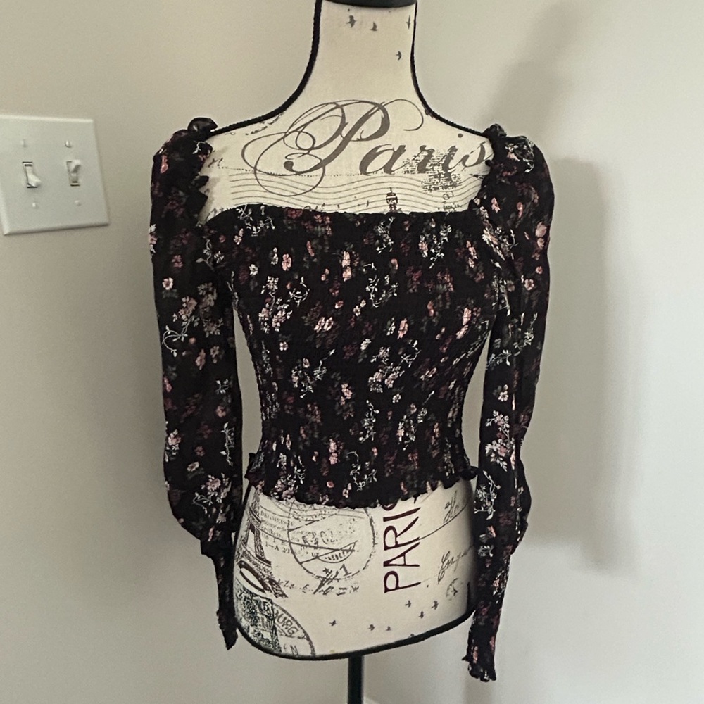 Reformation Pinto Top S Small Black Floral Smocked Square Neck Long Sleeve Shirt